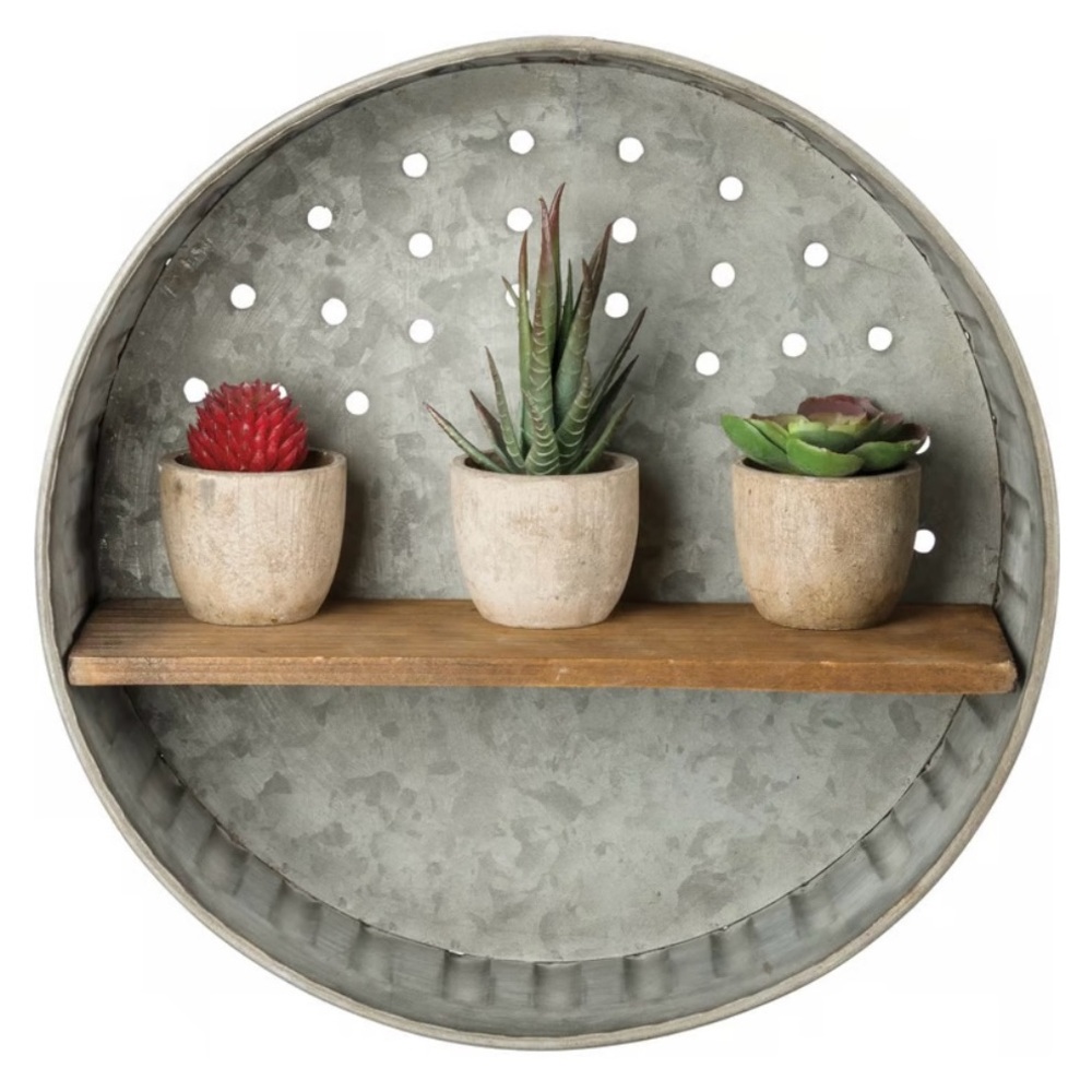 KATHY Farmhouse Rustic Round Gray Metal Wall Wooden Shelf Country Core #0725259